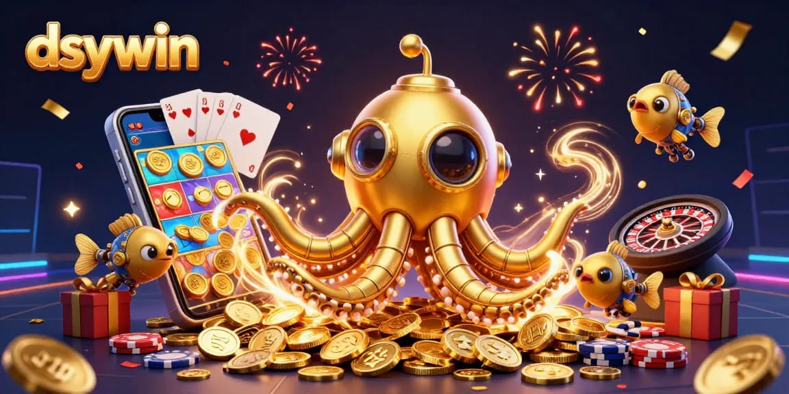 Spin vibrant slots with dsywin's golden kraken and mechanical fish amid cascading coins.