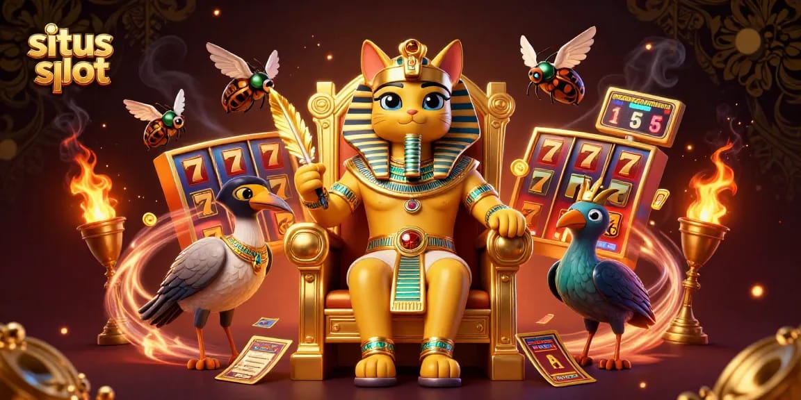 Spin exciting situs slot reels with a 3D Egyptian pharaoh cat amidst golden treasures and dynamic elements.