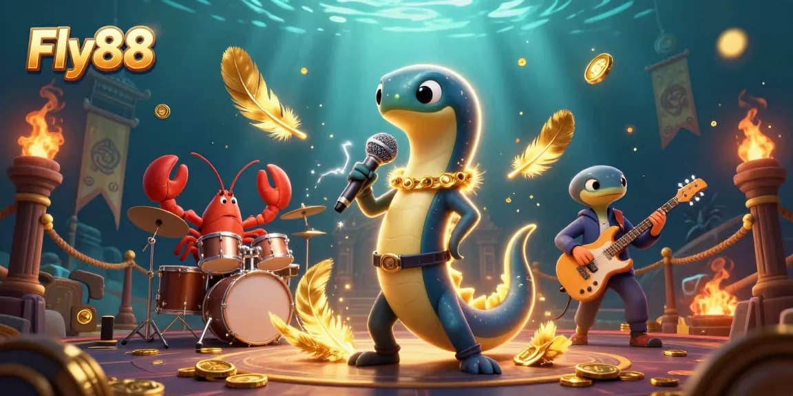 Experience thrilling games at Fly88, featuring a dynamic underwater casino scene with vibrant characters.