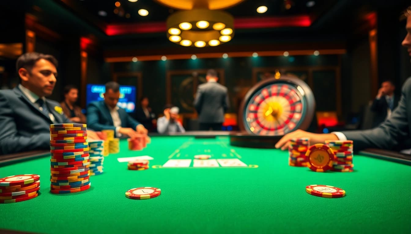 Engaged players strategizing in a high-stakes SBOBET91 poker game at a luxurious casino table.