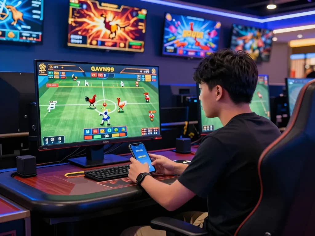 Engaged player enjoying GAVN99 online casino games, showcasing interactive gaming experience.