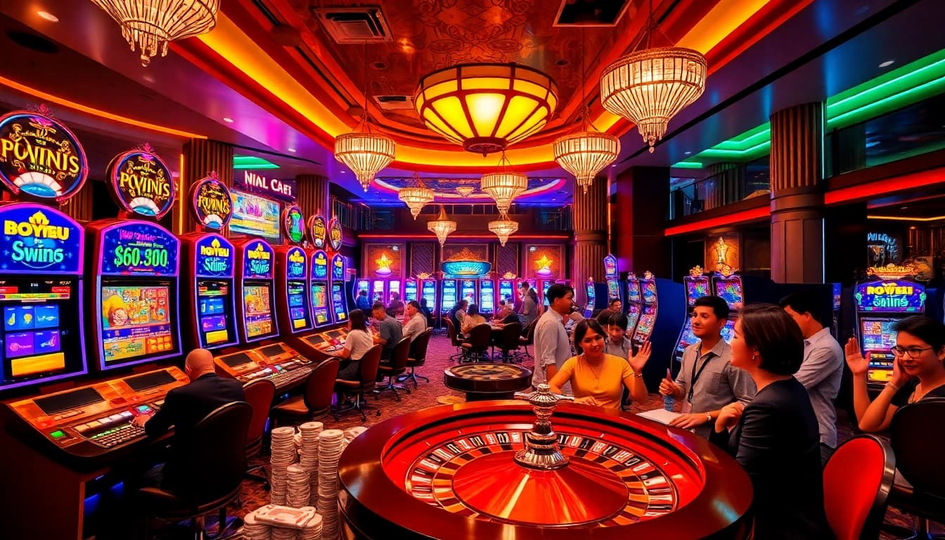 Nổ Hũ Đổi Thưởng action taking place in a luxurious casino filled with vibrant slot machines and excited players.