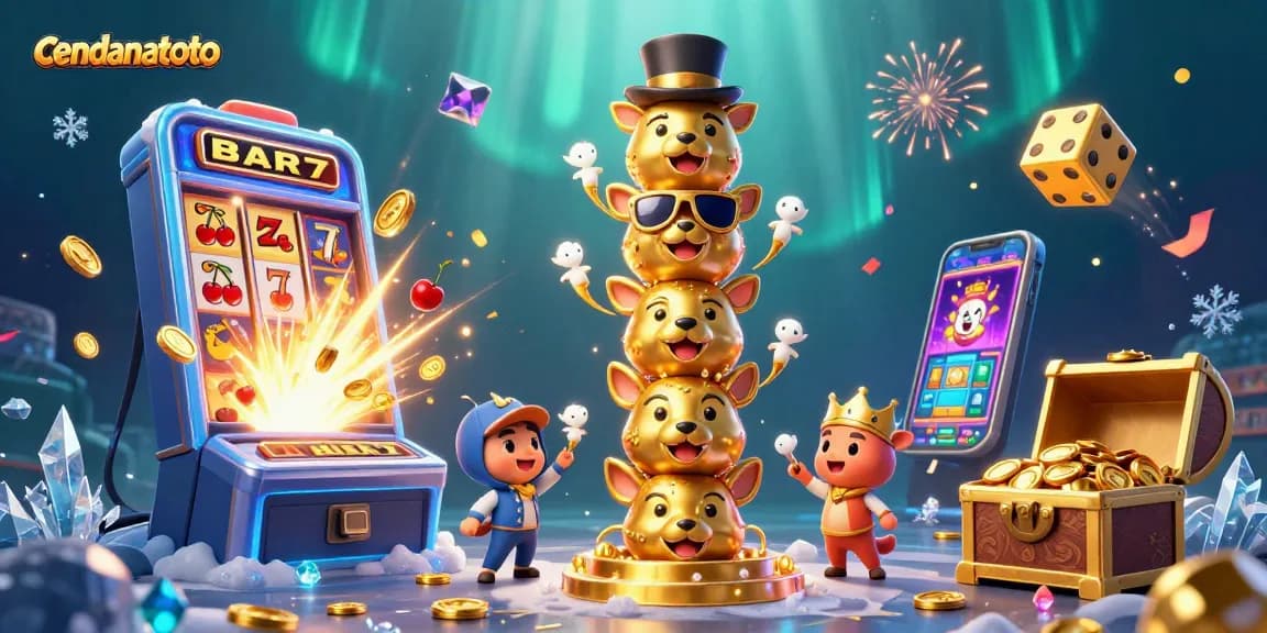 Engage with cendanatoto through a vibrant golden totem and dynamic casino elements in this captivating illustration.