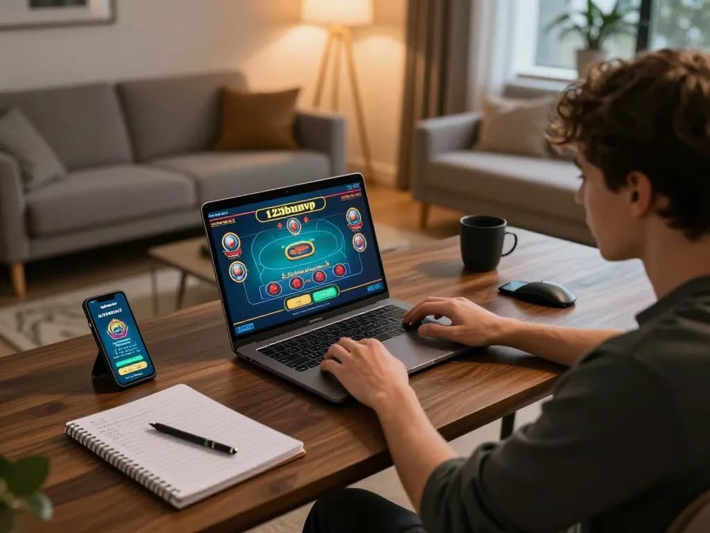 Engaging online gaming scene with 123bmvp app on smartphone, casual atmosphere and strategic notes displayed.