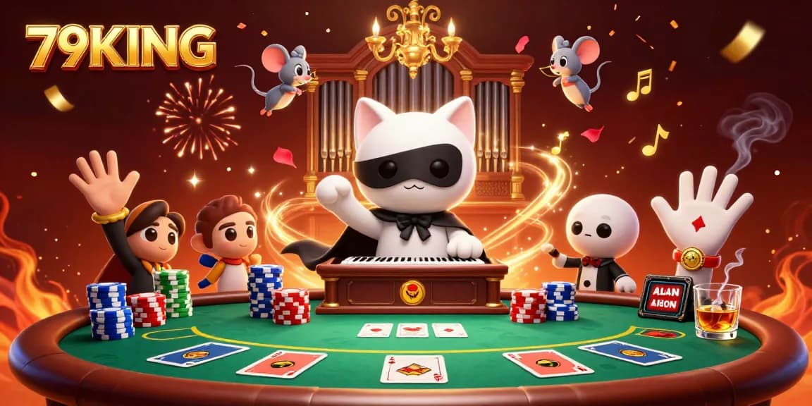 Experience thrilling casino action at 79KING with 3D cartoon cat and acrobat in vibrant scene.