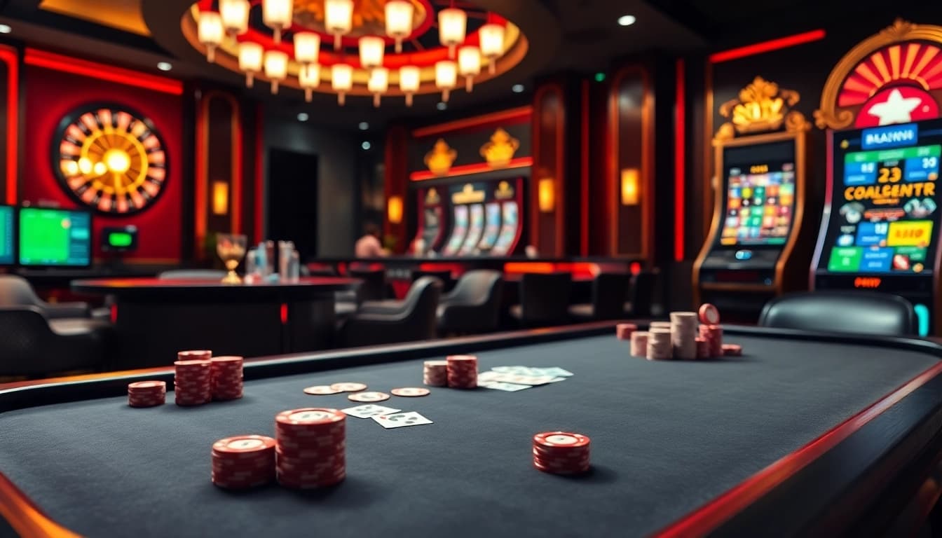 Experience the thrill of casino games at lương sơn tv with vibrant poker chips and a sleek roulette wheel.
