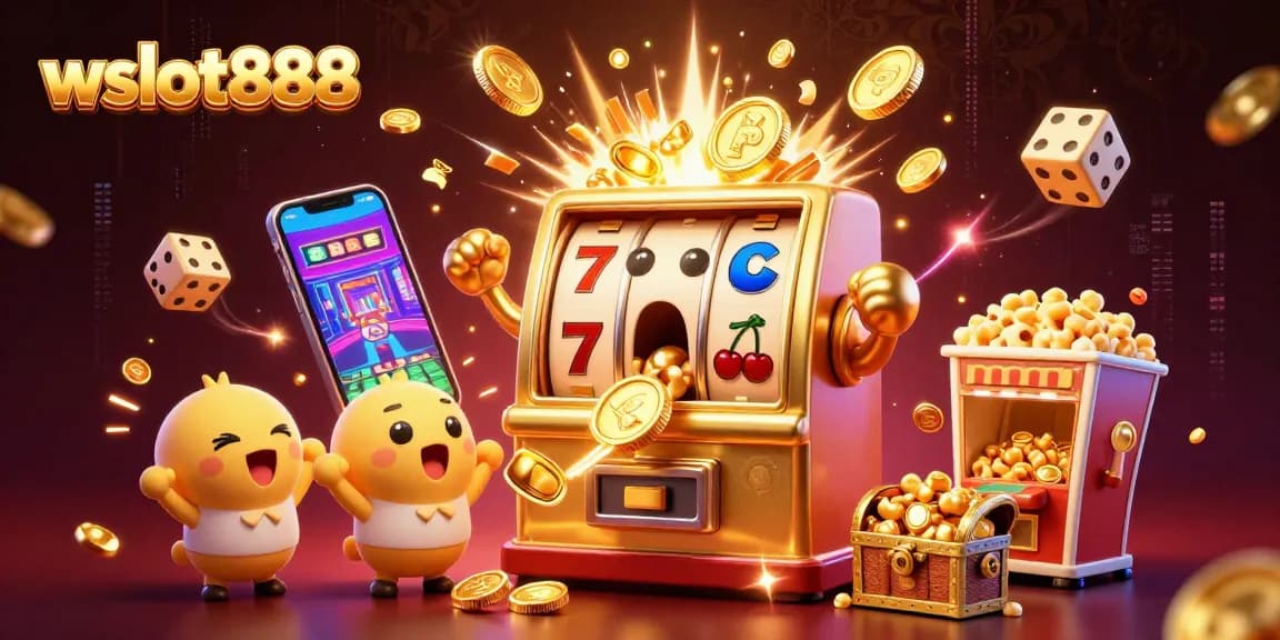 wslot888 mempersembahkan slot machine emas kartun merayakan kemenangan jackpot dengan koin mengalir.