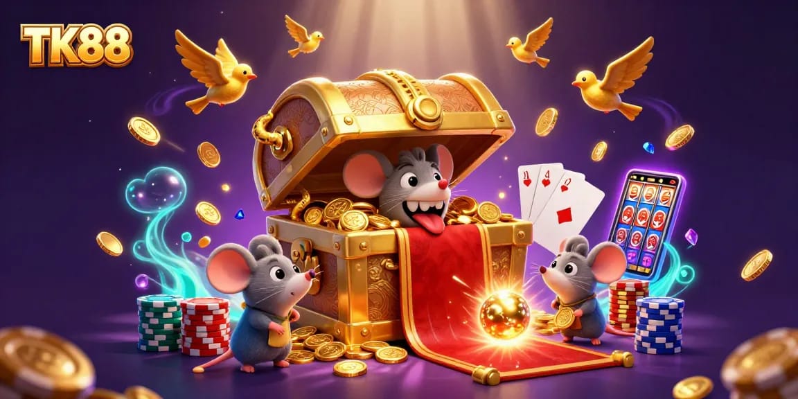 Engage with TK88's thrilling casino experience, showcasing vibrant treasure chests and exciting game elements.