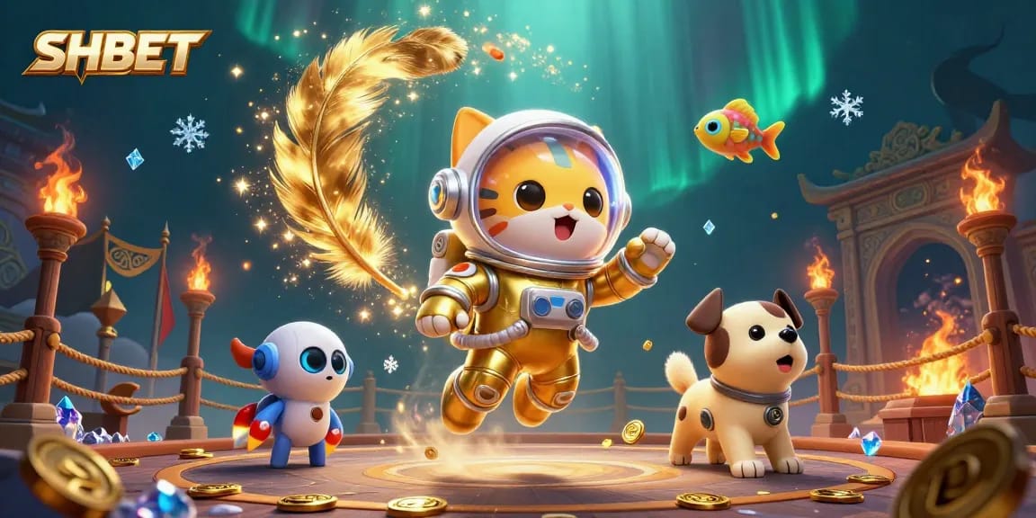 Experience thrilling bets at SHBET with an astronaut cat and his dog in a dynamic casino scene.