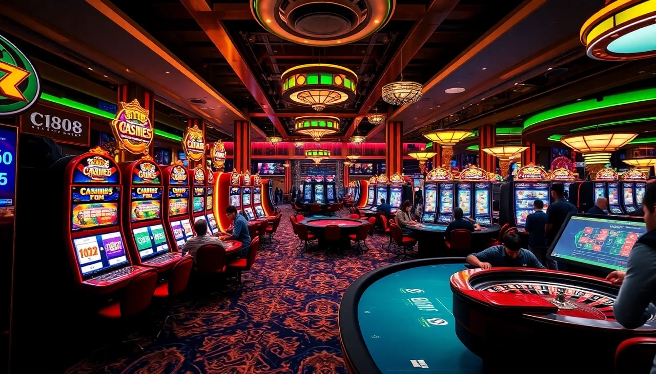 C168 game players enjoying slots and poker in a vibrant, luxurious casino atmosphere.