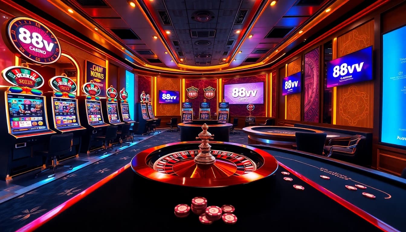 Experience the thrill of online gambling with 88vv's exciting casino visuals featuring vibrant slot machines and poker tables.