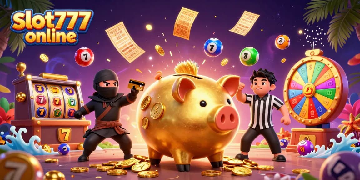 Win big with slot777 online, featuring lively characters and vibrant casino elements in a dynamic scene.