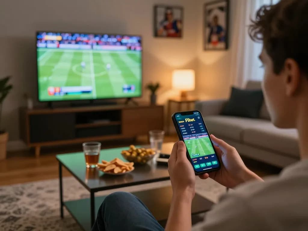 Person using F8bet app to place bets while watching sports, vibrant home setup.