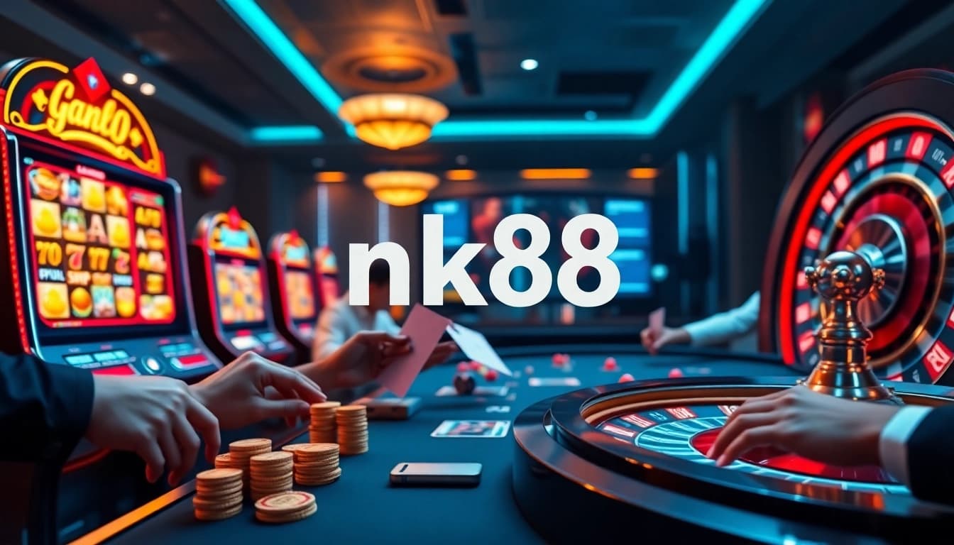 Professional gamblers engaging with nk88 casino games featuring vivid slot reels and betting chips