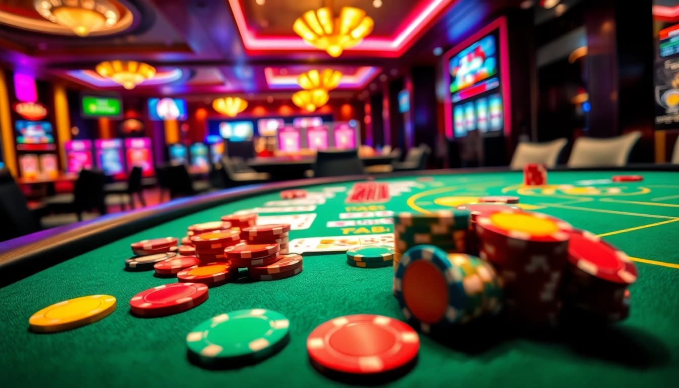 Situs toto yang menarik dalam suasana kasino, dengan chip warna-warni dan meja permainan yang ramai.