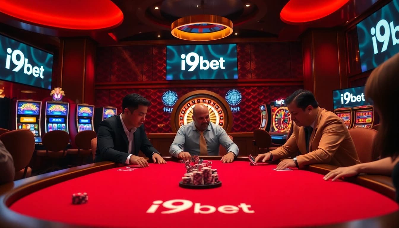 Experience the thrill of i9bet with players at a vibrant poker table showcasing casino excitement and strategy.