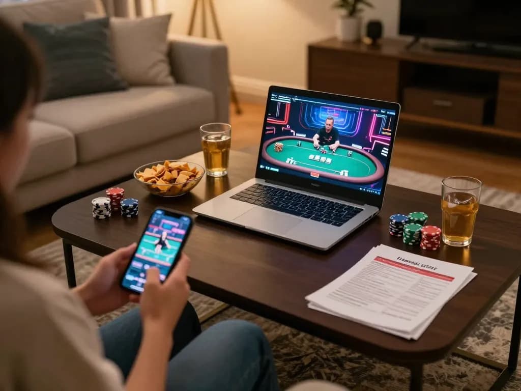 Engaged player strategizing lemacau online poker with laptop and snacks in cozy home setting