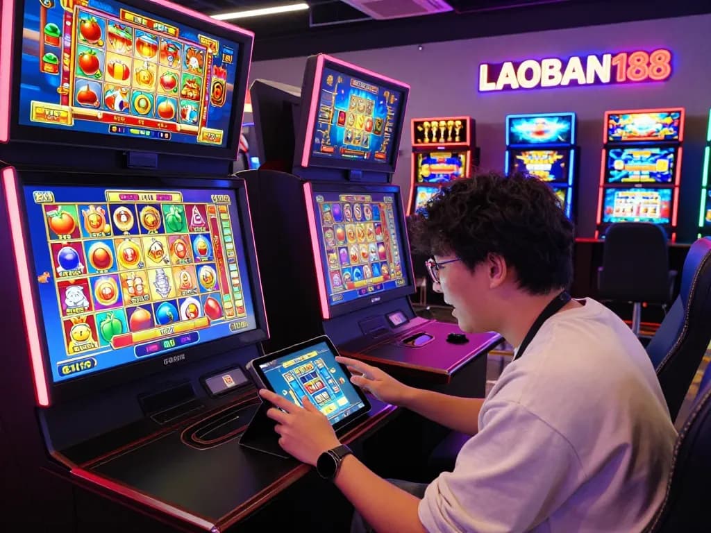 Suasana permainan yang menarik menampilkan pengguna berinteraksi dengan platform slot LAOBAN188 di tablet di tengah grafik mesin slot yang berwarna-warni.