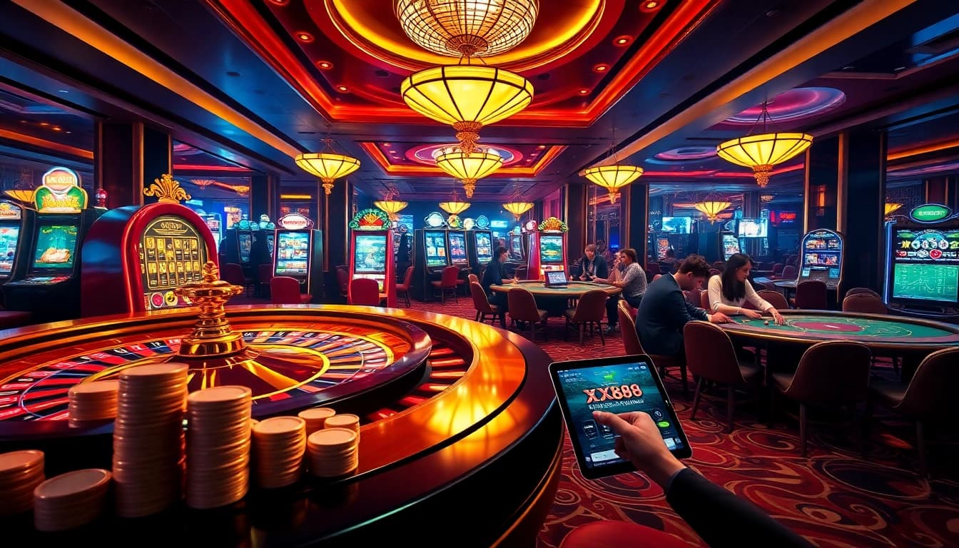 The thrilling atmosphere of nhà cái XX88, showcasing a glamorous casino with roulette, poker, and online gaming elements.