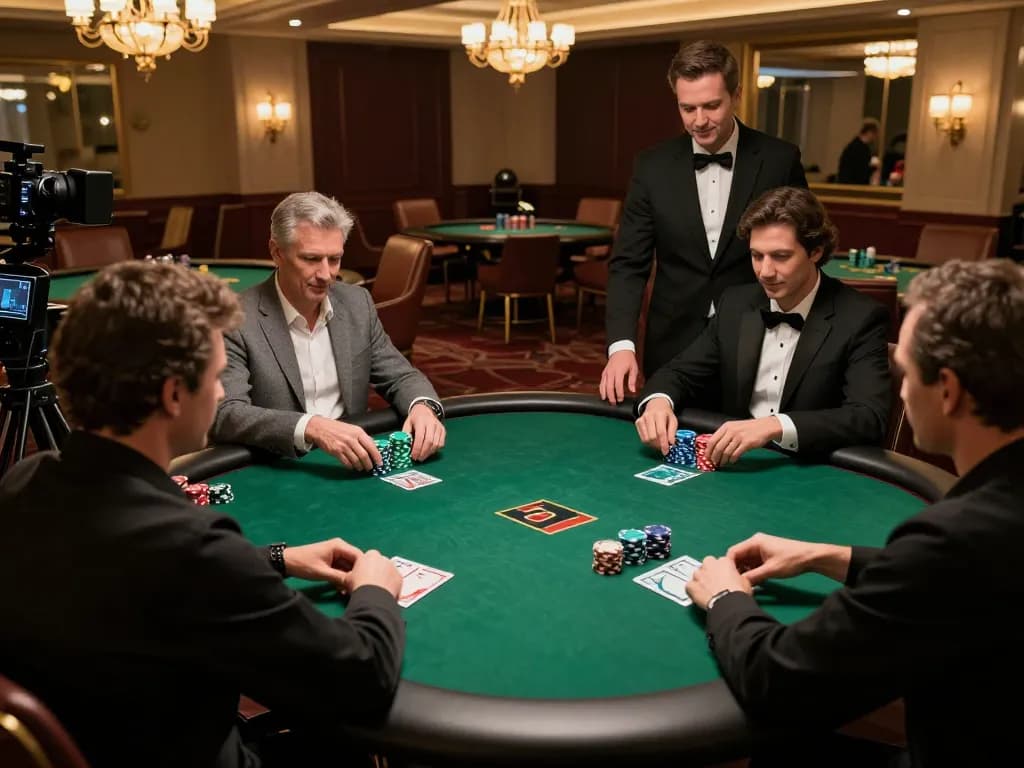 Sky88 poker game in progress with players analyzing hands and chips stacked high.