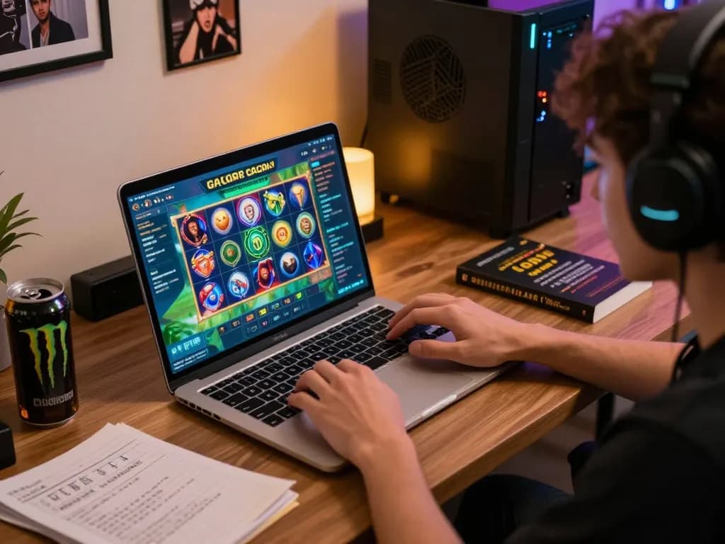 Player enjoying slot gacor on a gaming laptop surrounded by strategy notes in a cozy home office