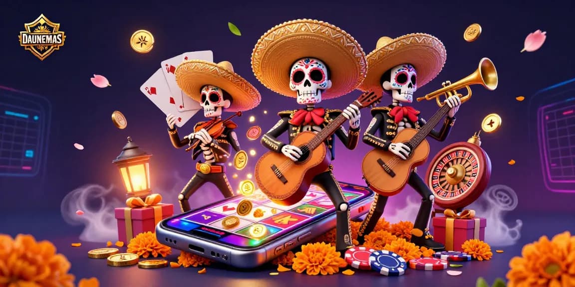 Join the festive DAUNEMAS mariachi band celebrating exciting slot games with coins and cards.