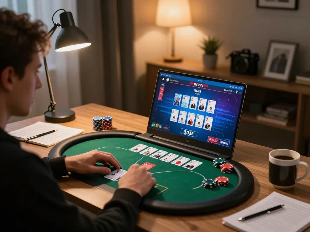 Create a caricature during online poker gameplay, showcasing vibrant cards and strategy notes in a cozy home