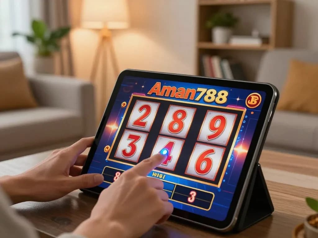 Engaging online gaming scene with aman788 slot game on tablet in cozy home setting.