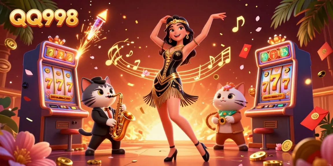 Experience exciting gameplay at QQ998 with vibrant slot machines, colorful confetti, and dynamic characters celebrating.
