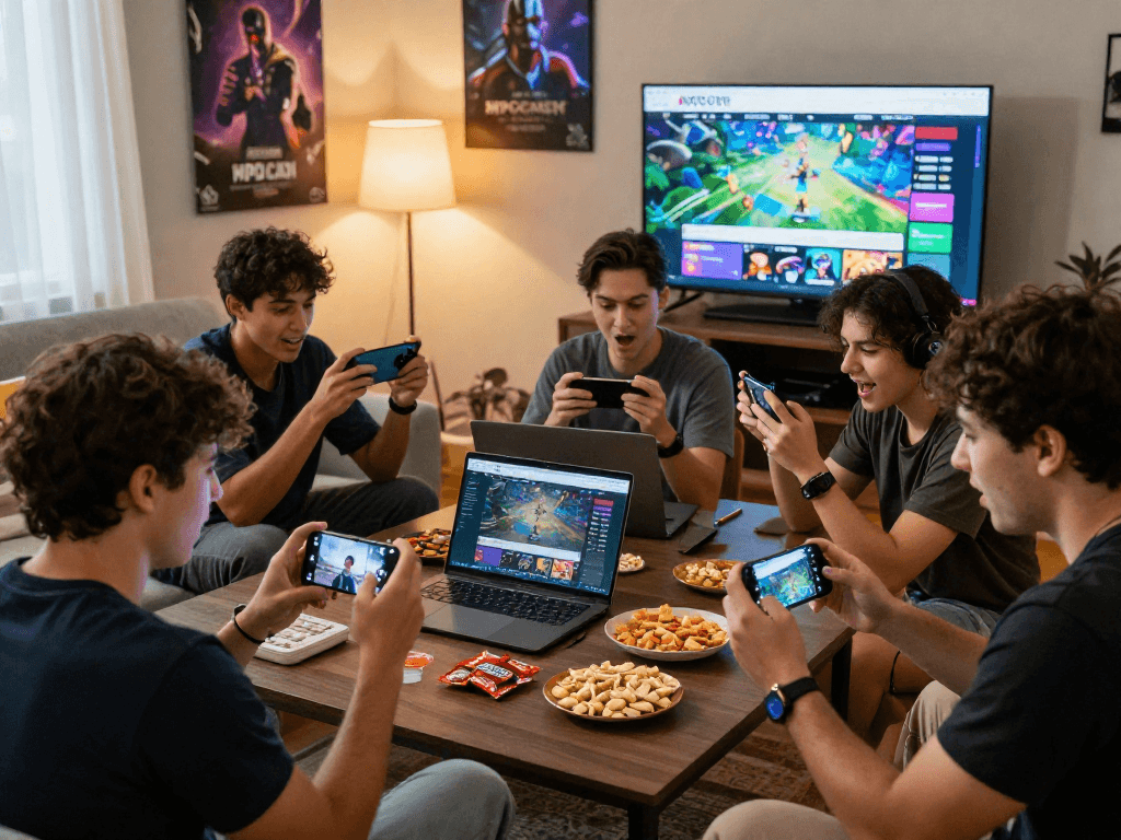 Friends gaming together using mpocash.blog in a cozy living room.