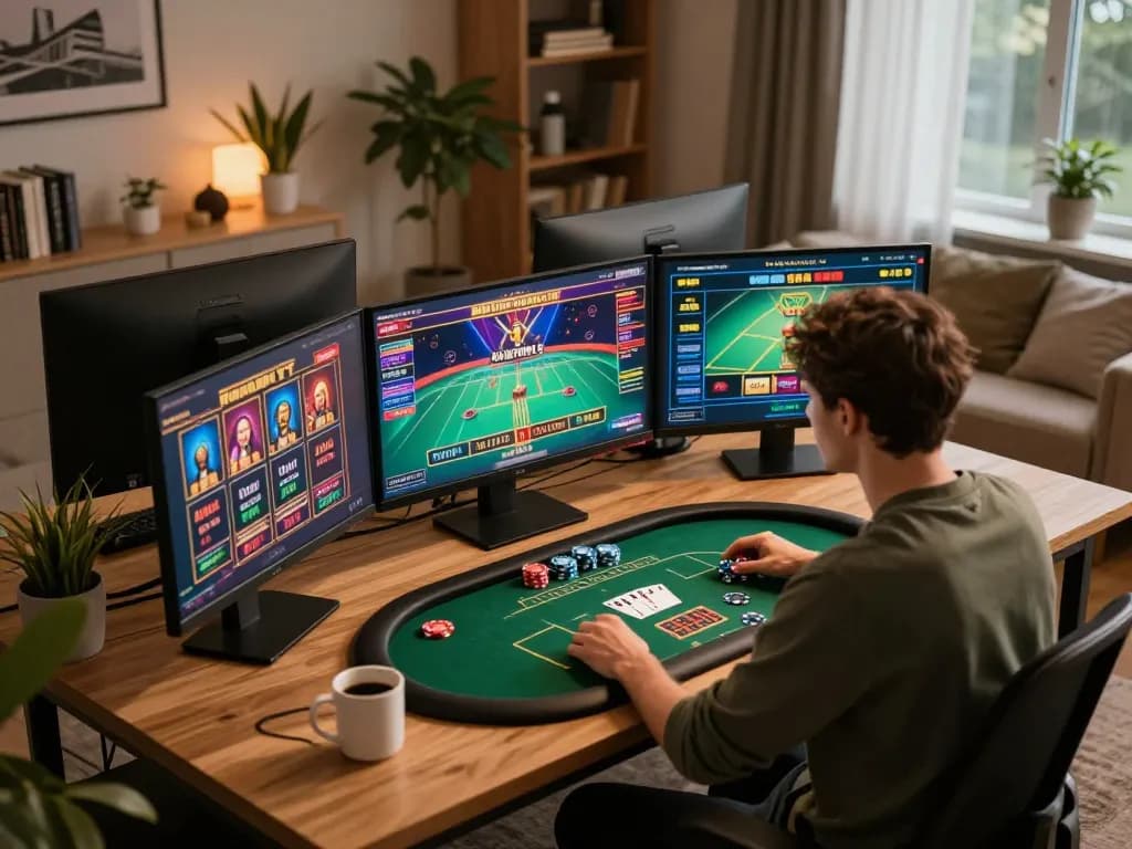 KADAL778 user engaging in an online poker game at a stylish home office desk with multiple screen displays.