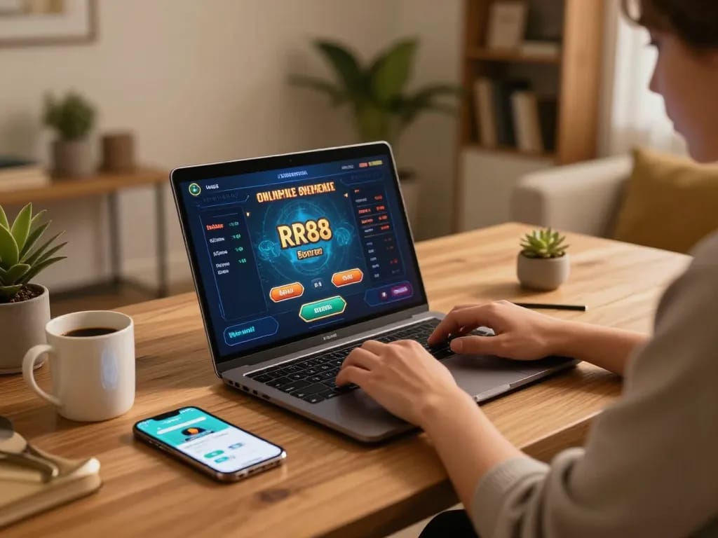 Player enjoys online gaming at RR88, showcasing a vibrant interface on a laptop.