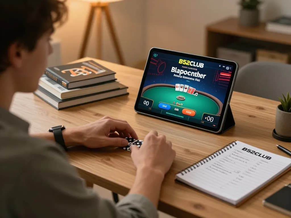 B52CLUB player enjoying an online poker game in a cozy setting, emphasizing responsible gaming.