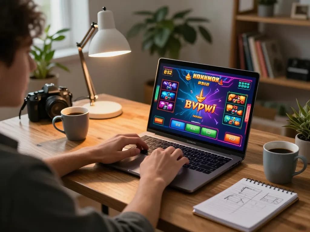 User engaging with B52 casino gameplay on laptop, showcasing colorful game graphics and cozy setup.