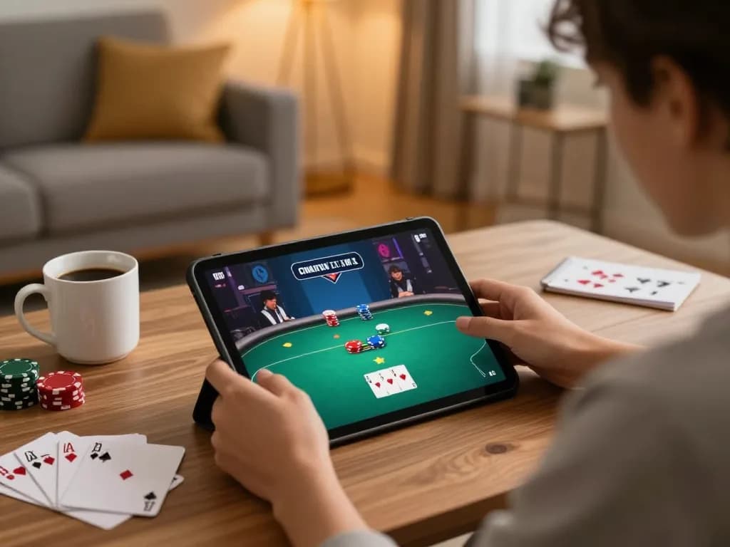 Ligalgo player enjoys a strategic poker game on tablet in a comfortable home setting.