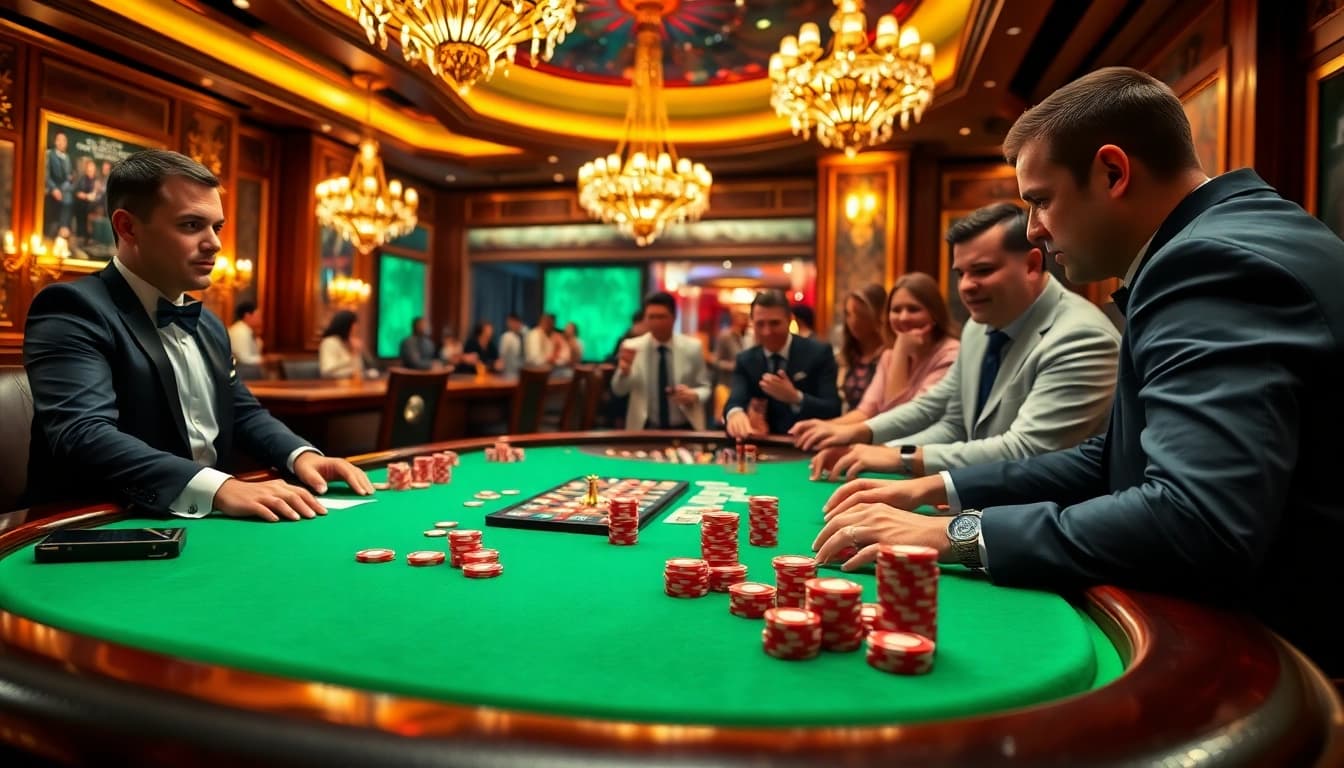 C168 live poker excitement with professional dealers and vibrant players at a luxurious casino table.