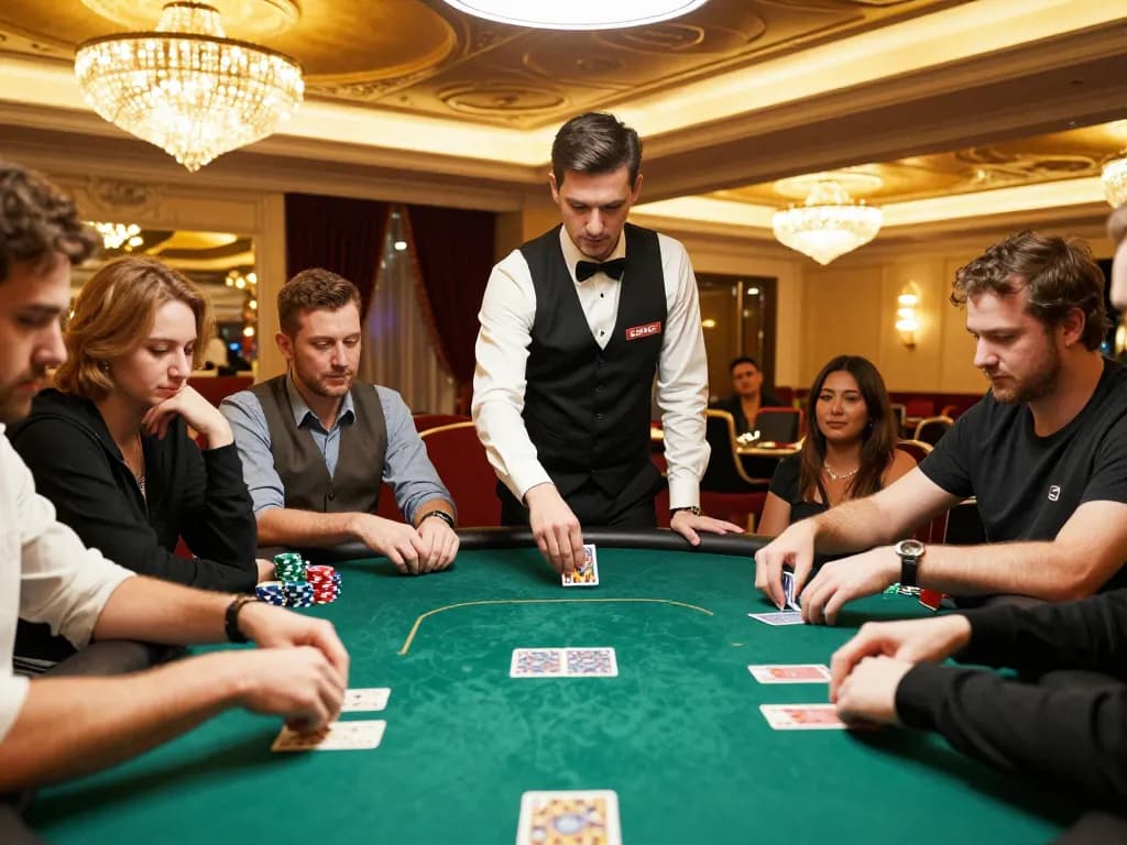 KADAL778 poker game in a lavish casino setting with intense players and premium chips.