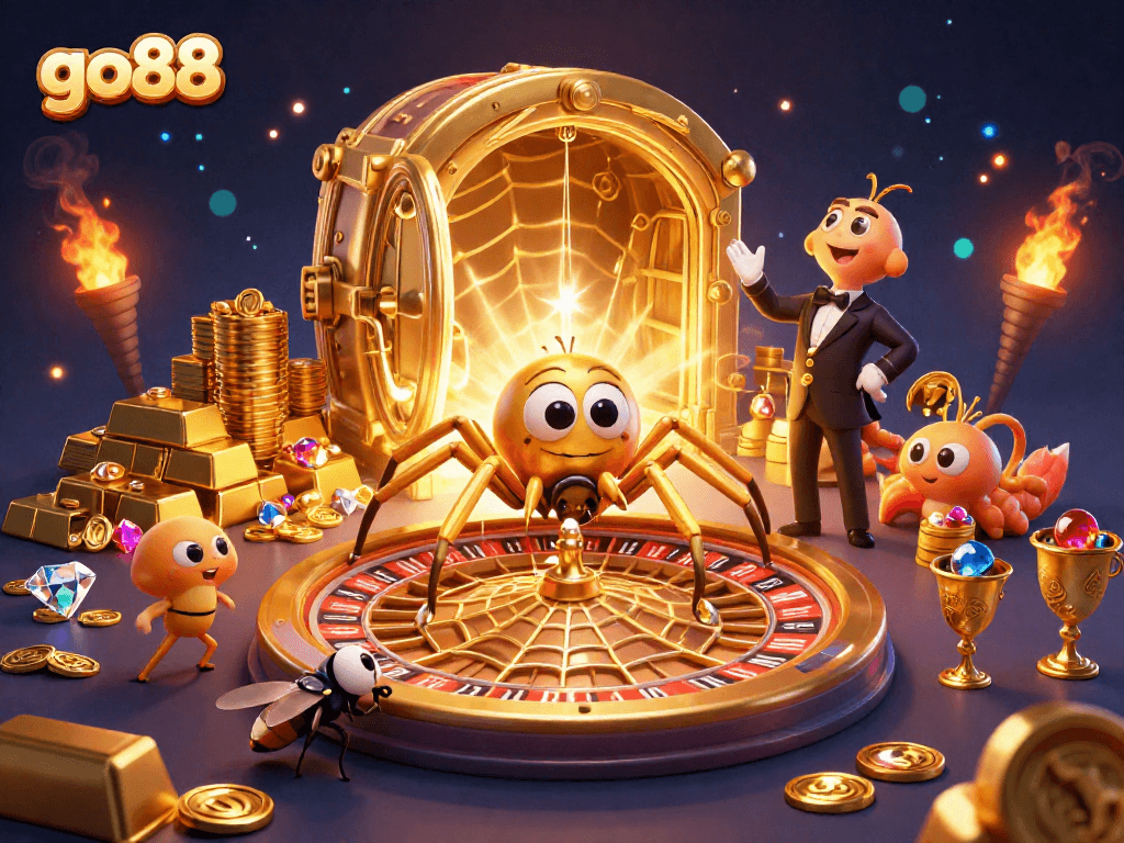 Fly nervously bets with go88 on an intricate roulette web spun by a golden spider.