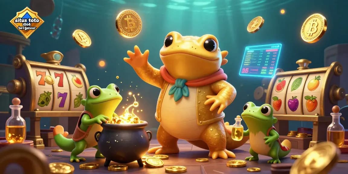 Situs toto slot tergacor immerses players in a vibrant 3D illustration of casino excitement with slot reels.