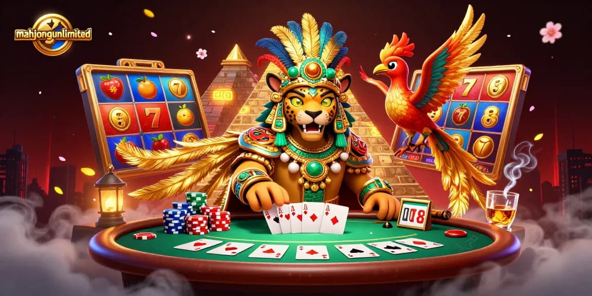 Experience mahjongunlimited's thrilling slot gameplay with vibrant visuals of jackpot reels and poker chips.