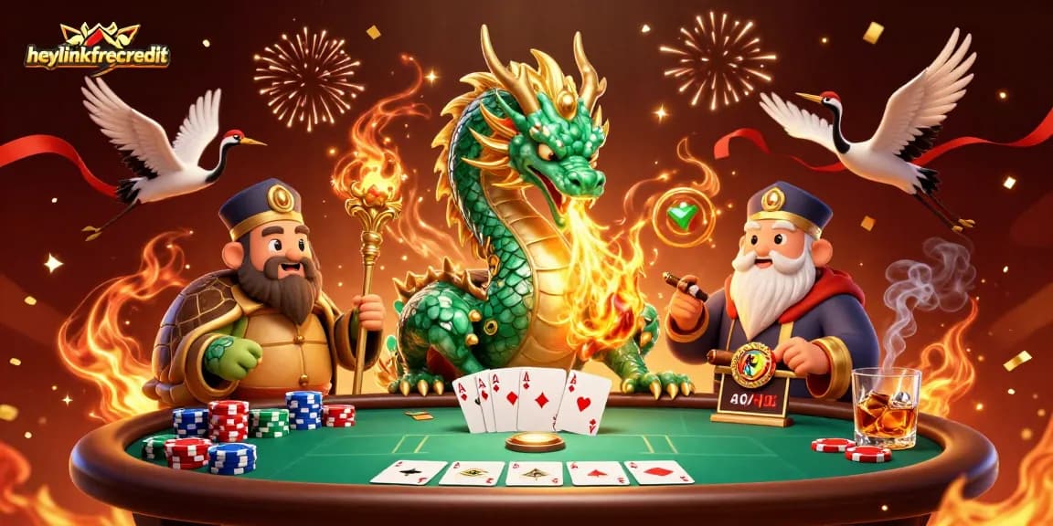 Engage with heylinkfreecredit featuring a vibrant casino scene with a jade dragon, poker elements, and lucky symbols.