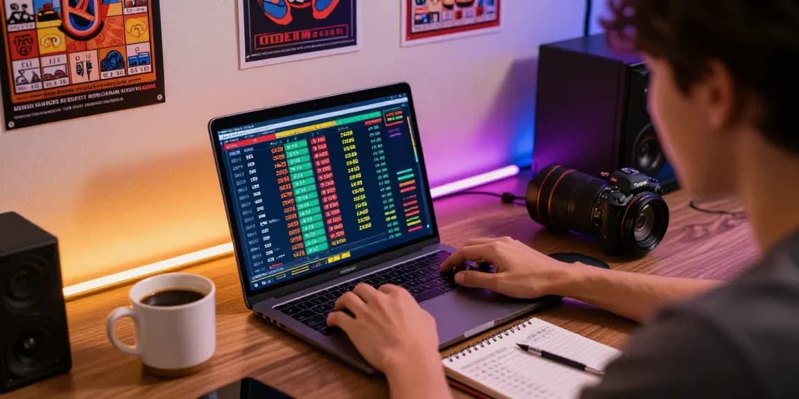 Engaged player analyzing bandar togel statistics on a sleek laptop in a cozy gaming setup.