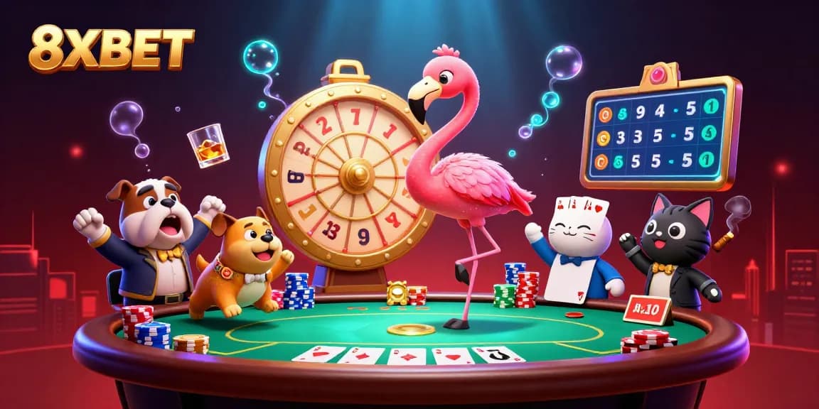 8XBET celebrates thrilling gaming moments with vibrant 3D illustration featuring games and prizes