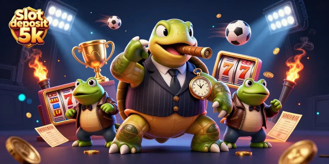 Experience slot deposit 5k with a vibrant scene featuring a mobster turtle and gambling elements.