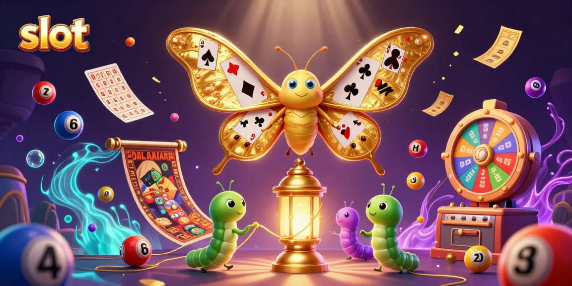 Akses slot penuh warna dengan jackpot dan simbol berbuah, dikelilingi bola lotere, dan kartu bingo saat bermain.