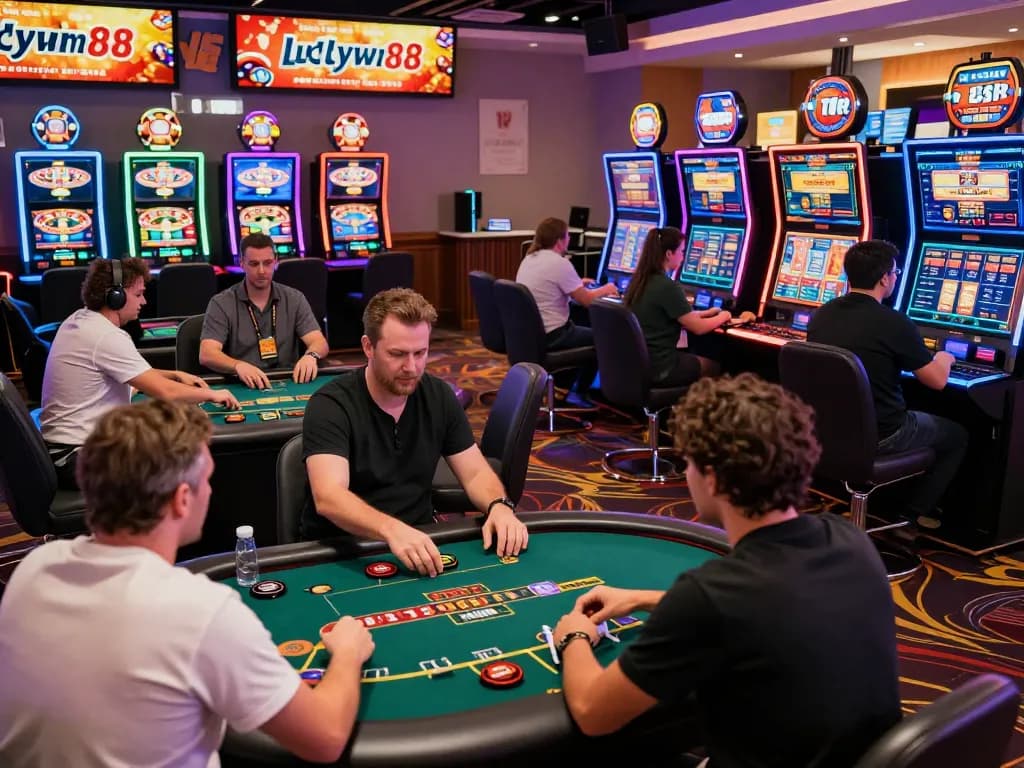 Exciting online gaming atmosphere featuring Luckywin88 with diverse players at vibrant casino tables and promotions