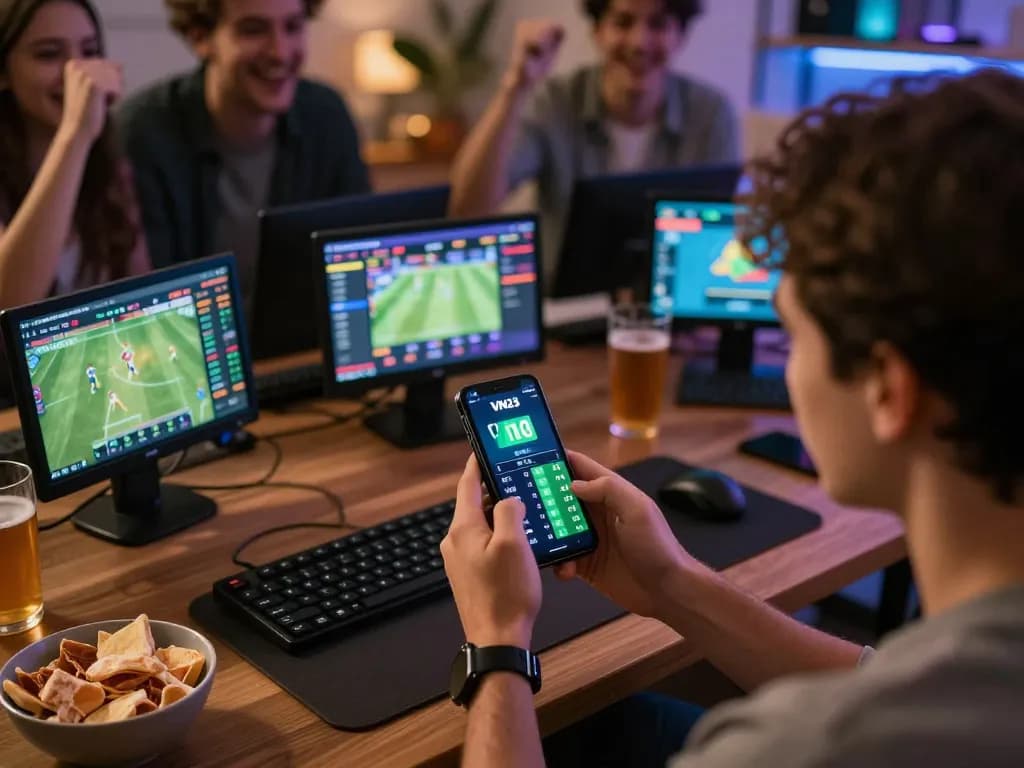 Engaging sports betting moment on VN23 platform amid friends with active smartphone betting