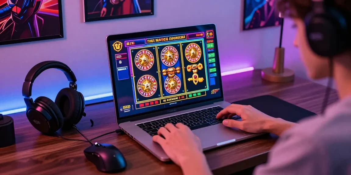 Engaged player exploring credit card casinos with colorful game graphics in a cozy gaming setup.