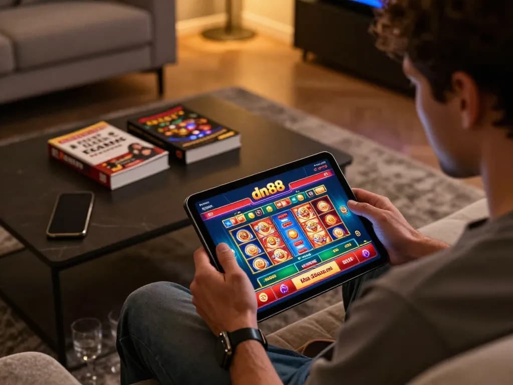 Player engaging with dn88 gaming app on tablet in a modern home casino atmosphere