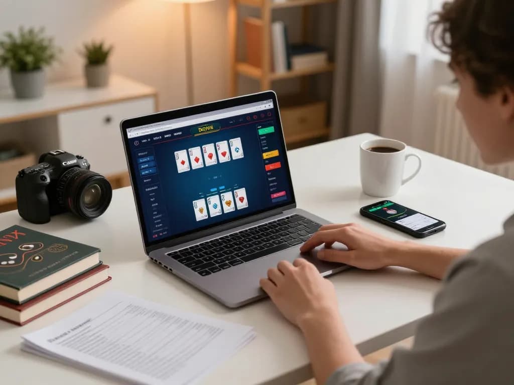 Engaging in online poker with MM88 on a laptop in a cozy home setting, showcasing strategy notes and a smartphone.